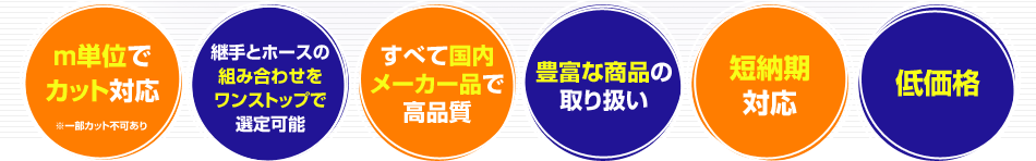 ｍ単位でカット対応／継手とホースの組み合わせをワンストップで選定可能／すべて国内メーカー品で高品質／豊富な商品の取り扱い／短納期対応／低価格